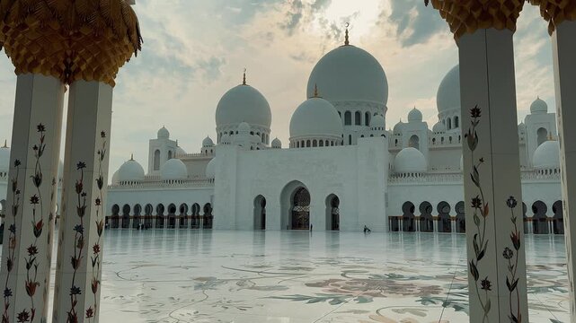 A majestic view of the Sheikh Zayed Grand Mosque in Abu Dhabi. This clip showcases the stunning Islamic architecture, white marble domes, and floral courtyard at sunset.

