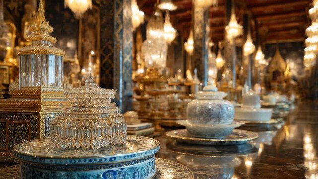 A row of ornate golden and silver dishes displayed in a serene temple setting.