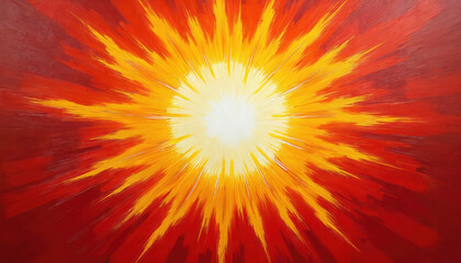 Obraz premium Abstract sunburst graphic with bright yellow orange rays bursting outwards on solid red background. Energetic light flare effect. Dynamic explosion of pure energy.