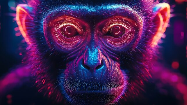 Neon glowing langur monkey futuristic cyberpunk aura high resolution picture