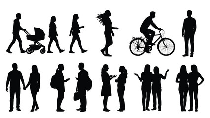 Obraz premium Diverse silhouettes of people engaged in various outdoor activities are shown in a simple black and white style