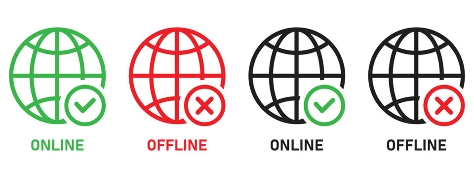 Set of online and offline internet icons, red and green vector symbols including globe with no signal and full signal, ideal for network status graphics, internet connectivity design