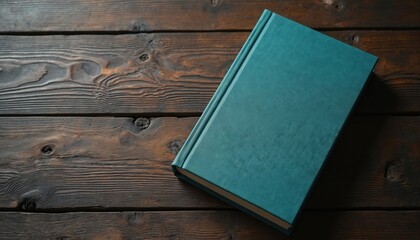 Fototapeta premium Teal book rests on a dark wooden table. Closed cover suggests new story or empty pages. Minimalist composition offers ample copy space for text.