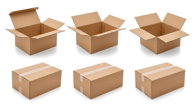 Brown cardboard boxes in various states open and closed