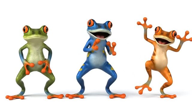 Three vibrant cartoon frogs striking dynamic poses, showcasing their joyful and energetic dance moves on a pristine white background, radiating fun and cheerfulness