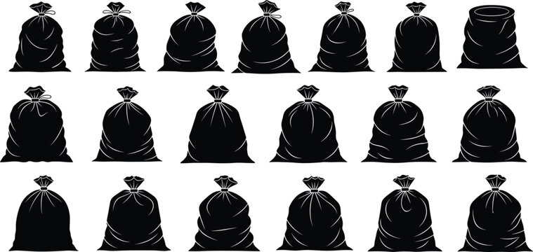 Black Garbage Bag Silhouette Collection with Varied Shapes for Waste Management, Object Recognition, and Graphic Design ProjectsWeb