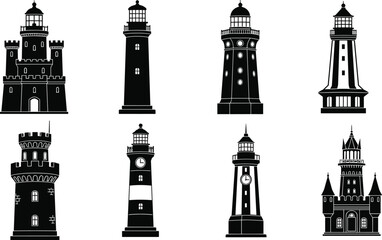 Obraz premium Lighthouse Silhouette Collection Featuring Diverse Architectural Styles for Nautical Design, Coastal Illustration, and Maritime-Themed Projects