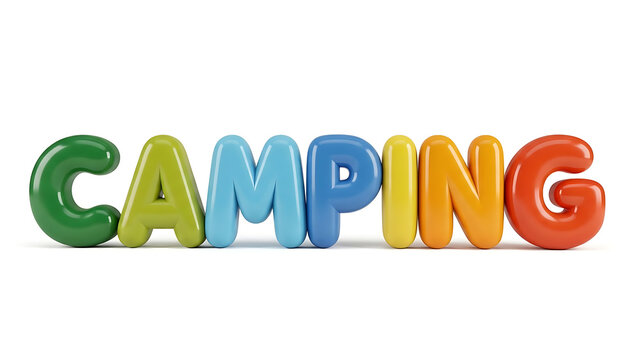 Colorful rounded bubble letters spelling camping isolated on a transparent background