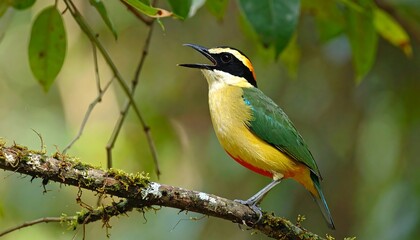 Fototapeta premium A colorful tropical bird perches on a mossy branch, with a striking yellow, green, black and red plumage. Its beak is open, possibly singing