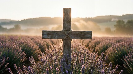 Fototapeta premium Wooden Cross in Lavender Field at Sunrise