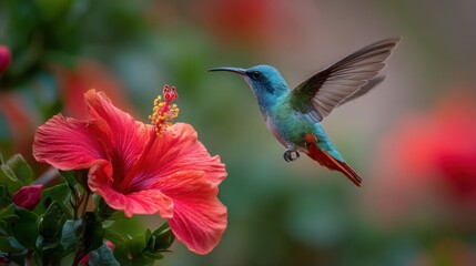 Fototapeta premium Hummingbird hovering near vibrant red hibiscus flower in colorful garden.