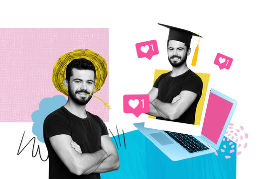 Creative picture young satisfied cheerful man laptop device blogging bachelor hat social network smm receive feedback popularity