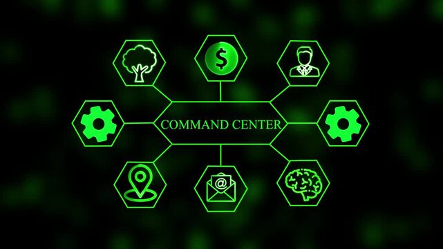Tech Command Center Network with Green Neon Hexagonal Nodes and Symbols high-tech network futuristic interface