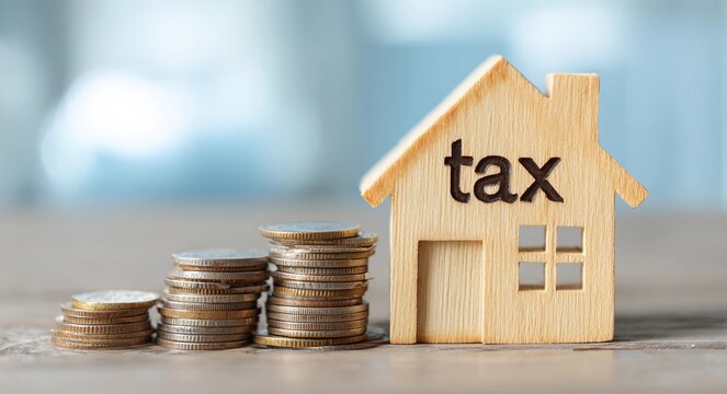 Property tax concept with wooden house model and stacked coins
