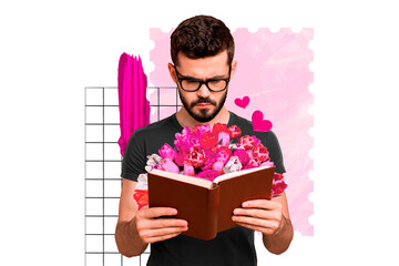 Composite photo collage of serious man hold open book tulips flowers international spring holiday...