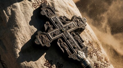 Fototapeta premium Ornate Eastern Orthodox Cross on Textile