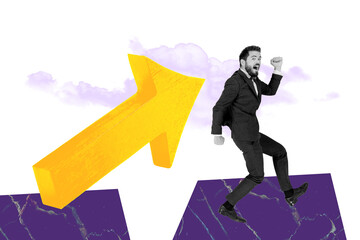 Photo cartoon comics sketch collage of excited businessman run arrow direction success statistics...