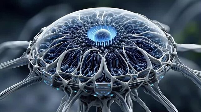 Digital ufo lifeform with biomechanical dome glowing neural core advanced alien intelligence futuristic sci fi entity ai