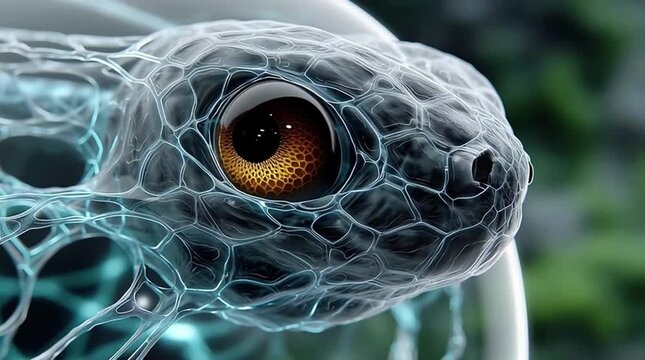 Digital ufo lifeform with single alien eye organic shell glowing neural structure futuristic sci fi intelligence hovering entity concept