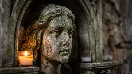 Fototapeta premium Moss Covered Stone Angel Head with Candle Light
