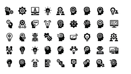 A collection of black silhouette icons depicting ideas brains gears and various conceptual thought processes