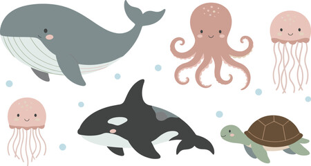 Obraz premium Cute Ocean Animals Cartoon Illustration Set Featuring Whale, Orca, Turtle, Octopus, and Jellyfish for Kids Education, Nursery Art, and Vector Design