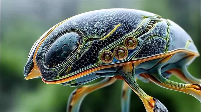 Digital ufo lifeform with insectoid biomechanical shell organic alien intelligence autonomous futuristic sci fi entity concept
