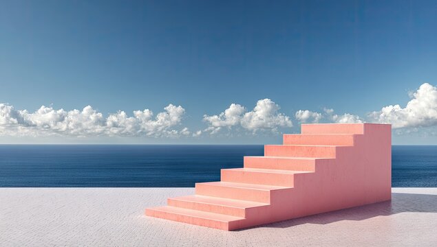 Pink staircase leads to endless blue ocean and sky.