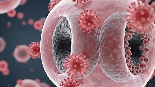 Microscopic view of cells and viruses interaction in science