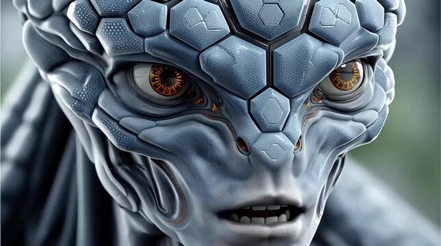 Digital ufo lifeform with reptilian synthetic face armored alien intelligence futuristic sci fi entity autonomous concept