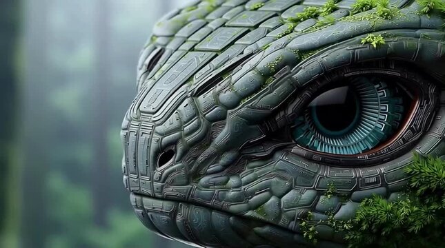 Digital ufo lifeform with moss covered biomechanical eye organic alien intelligence ancient futuristic sci fi entity concept