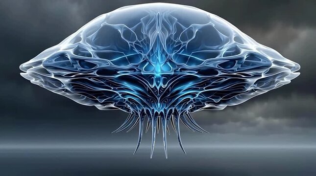 Digital ufo lifeform with translucent jellyfish form glowing blue core organic alien intelligence floating futuristic sci fi entity concept