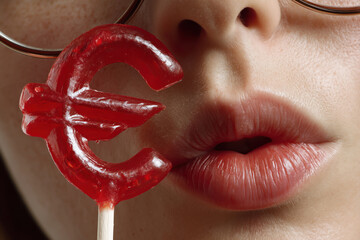 Closeup view of female lips with EUR money shaped lollipop