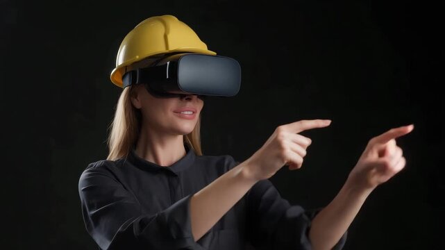 a woman wearing a VR headset and safety construction helmet, industrial VR simulation training concept, confident smile, hands poin 4K