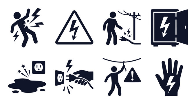 Electric shock hazard icon set. Stick figure black silhouettes - high voltage warning, plug spark, power line contact, socket risk. Flat vector pictograms