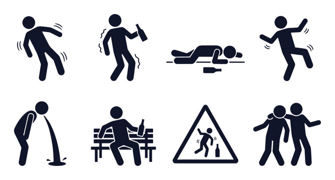 Drunk people icon set. Stick figure black silhouettes - vomiting man, staggering person, alcohol bottle, bar bench, warning sign. Flat vector pictograms