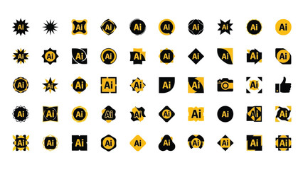 A collection of circular icons with ai lettering and various symbols representing artificial intelligence concepts