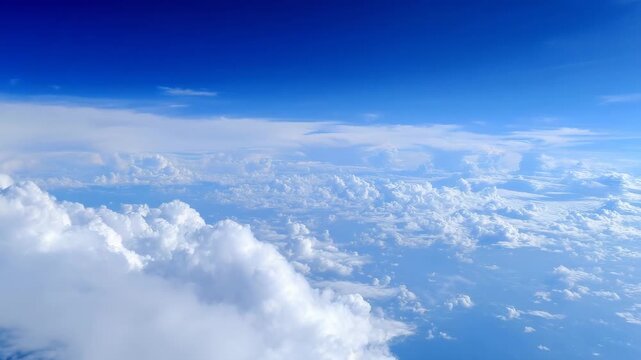 breathtaking view of a beautiful blue sky with fluffy white clouds, as seen from an airplane window, capturing the serene and vast atmosphere above the earth. sky view from airpl