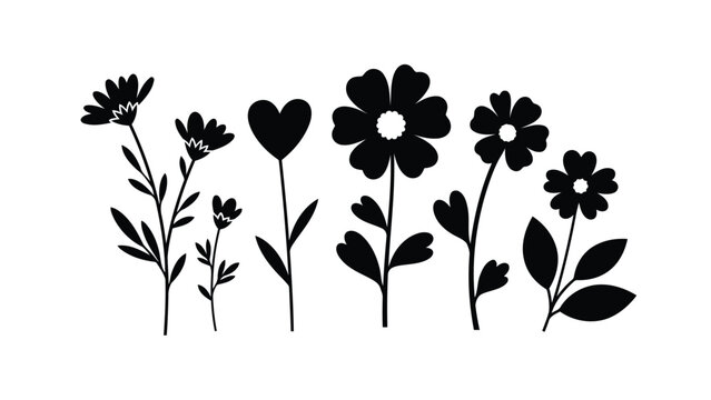 A simple monochrome illustration depicts a variety of wildflowers and delicate floral silhouettes against a white background