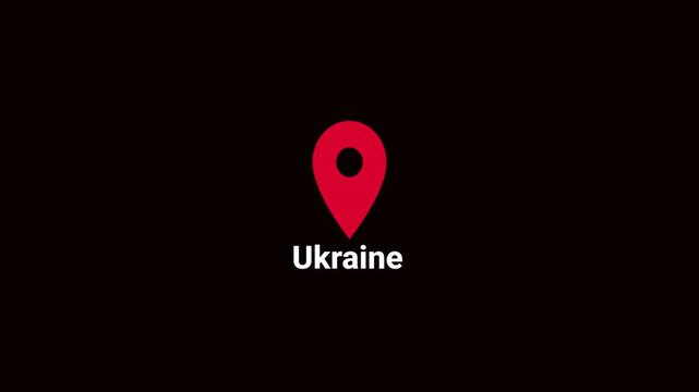 Abstract Ukraine map location pin animation. Country location pin pointer icon animated on black background, GPS location tracking animation. 4K video	
