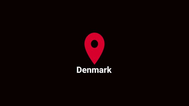 Abstract Denmark map location pin animation. Country location pin pointer icon animated on black background, GPS location tracking animation. 4K video	
