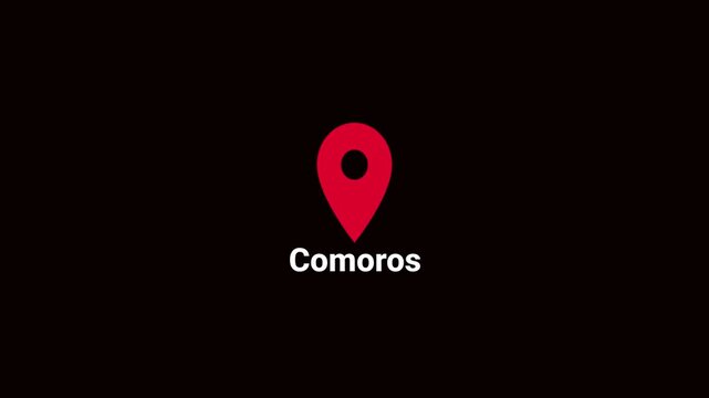 Abstract Comoros map location pin animation. Country location pin pointer icon animated on black background, GPS location tracking animation. 4K video	
