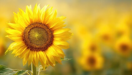 Obraz premium Close up of a vibrant sunflower against a blurred yellow background