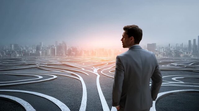 Businessman contemplating a complex maze-like road in an urban setting, symbolizing challenges in decision-making.