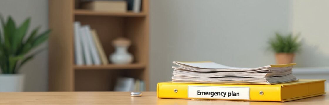 Yellow binder with emergency plan documents rests on office desk. Papers piled on top indicate urgent preparation. Business continuity planning materials are organized for quick access.