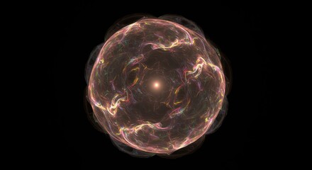 Naklejka premium Abstract luminous spherical structure glows with internal multicolored wisps against a dark background