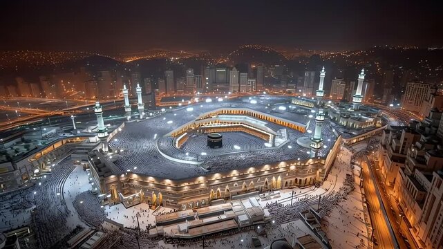 Grand Mosque of Mecca Hajj pilgrimage Kaaba night aerial view