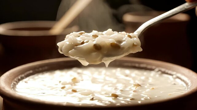 Close up Of A Hand Scooping Sweet Rice Porridge From A Clay Pot With Steam Rising