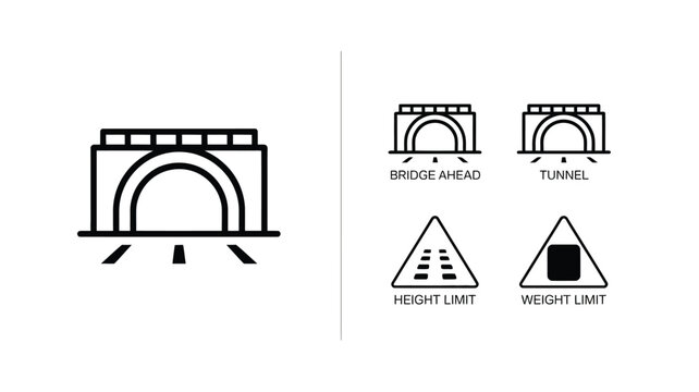 Bridge and Tunnel Road Sign Line Icon Set