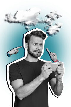 Vertical photo collage of panic man hold iphone device play online game cyberbully human point blame looser isolated on painted background